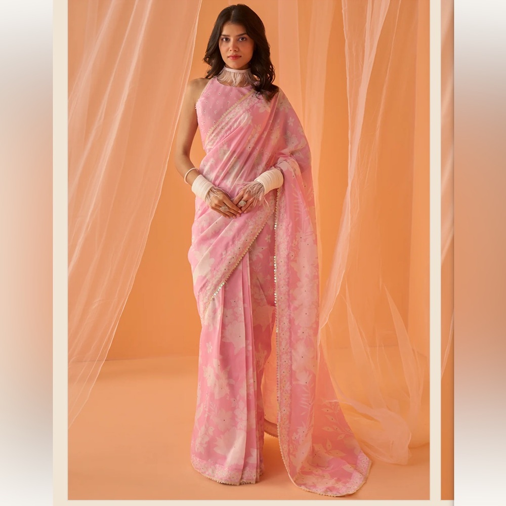 Light pink white floral saree from Lashkaraa